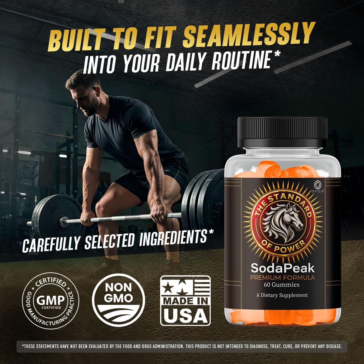 Man lifting a barbell in the gym next to a bottle of Soda Peak Gummies